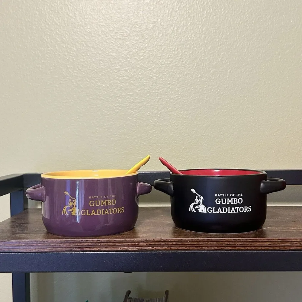 Battle of the Gumbo Gladiators Ceramic Gumbo Bowls w/Spoons Set of 2 SHREVEPORT